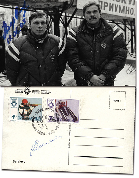 UdSSR Bob 1984  | Bronzemedaille im Zweierbob für die UdSSR bei den Olympischen Spielen 1984. Original Signaturen von Zintis Ekmanis und  Wladimir Alexandrow (S/W-Foto. Rarität). Karte + Foto, je 15x10 cm.
