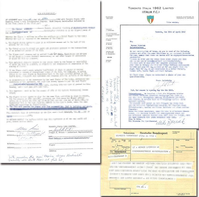 Sorry, no english description is available. ...  -  -- (Dieses Objekt wird mit Echtheitszertifikat ausgeliefert - COA  --. Condition: C.....Auch Werner Liebrich hat versucht nach seinem Karrieende beim 1.FC Kaiserslautern noch ein lukartiven Vertrag im Ausland zu bekommen! Letztendlich hat Liebrich den unterschriftsreifen Vertrag, der vom Management des kanadischen Klubs bereits unterschrieben war, nicht unterschrieben und ist in Deutschland geblieben. Das Wagnis in der kanadadischen Profiliga zu spielen, die 1962 die erste Saison spielt war dann doch zu groß. Tolle Dokumentation!  --Das Stück kommt direkt aus der Sammlung von Werner Liebrich (1927-1995). Fußball - Weltmeister 1954. 16 DFB A-Länderspiele. 1.FC Kaiserslautern 365 Spiele, 2x Deutscher Fußball - Meister 1951 + 1953.