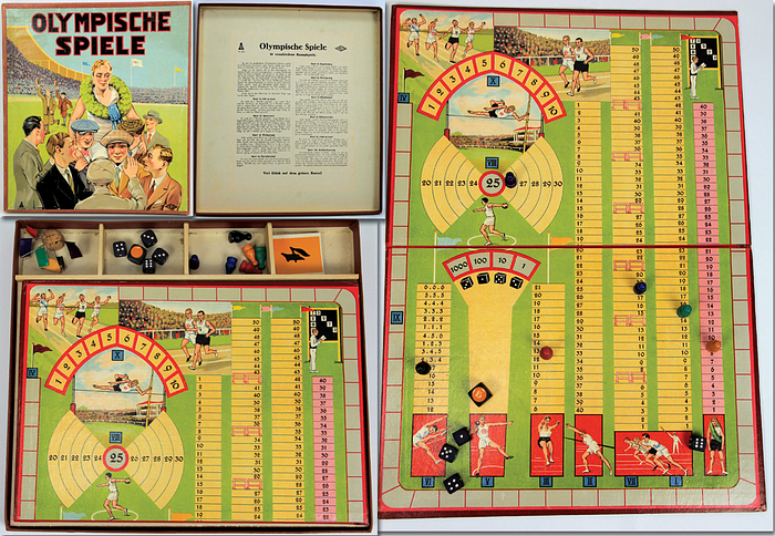  - "Olympic Games" – Dice Board Game, featuring a cardboard game board (48.5 x 35 cm) and numerous wooden playing pieces. Instructions printed inside the lid. Manufacturer: Verlag Liliput – Abel/Krüger. Circa 1936. Housed in its original cardboard box (36 x 31.5 x 3.5 cm). --A beautiful game produced for the 1936 Berlin Olympic Games. The lid image and game board illustration are lithographed. Source: Brettspiel-Museum.de. Very rare! Condition: B-