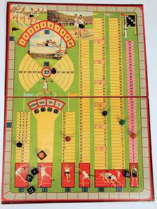  - "Olympic Games" – Dice Board Game, featuring a cardboard game board (48.5 x 35 cm) and numerous wooden playing pieces. Instructions printed inside the lid. Manufacturer: Verlag Liliput – Abel/Krüger. Circa 1936. Housed in its original cardboard box (36 x 31.5 x 3.5 cm). --A beautiful game produced for the 1936 Berlin Olympic Games. The lid image and game board illustration are lithographed. Source: Brettspiel-Museum.de. Very rare! Condition: B- - Bild 4
