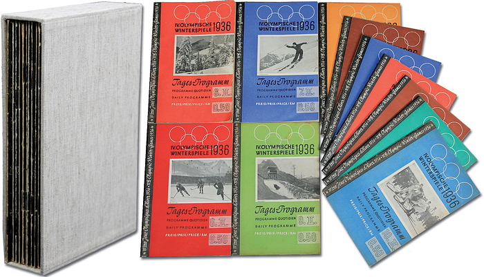  - Programmes: Olympic Games 1936  6th to 16th Feb: 11 Daily Programmes of the Winter Games in Garmisch Partenkirchen. Complete Set!. Size 14x21.5cm, 320 pages.  An interesting, fine collection! Included: a handmade linen slipcase. Condition: C