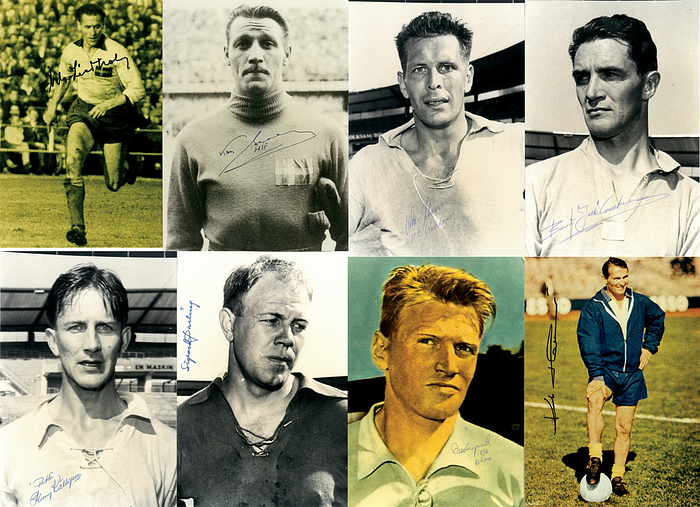  - Autogramme:WC 1958 Sweden: original signatures from Swedish WC Vice Champions on:9  b/w  repro photos Condition: A-B