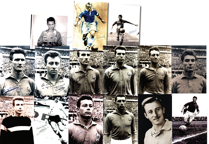Frankreich - WM 1958  | 15 große S/W- Reprofotos mit Originalautographen Frankreich 3.Platze Fußball Weltmeisterschaft 1958": Piantoni, Bellot, J.Fontaine, Abbes, Vinent, Douis u.a., je 30x20 cm.