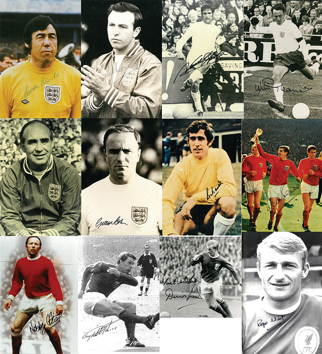  - World Cup 1966. Autographs England: 12 large color reproduction photos of the players from England's 1966 World Cup-winning football team, featuring original signatures from the players: Law, Gordon Banks (1937–2019), Nobby Stiles (1942–2020), Roger Hunt (1938–2021), Peters, Armfield, B. Charlton, Hunter, Greaves, Ramsey, Cohen, and Bonetti. Each measures 30 x 20 cm. Condition: A
