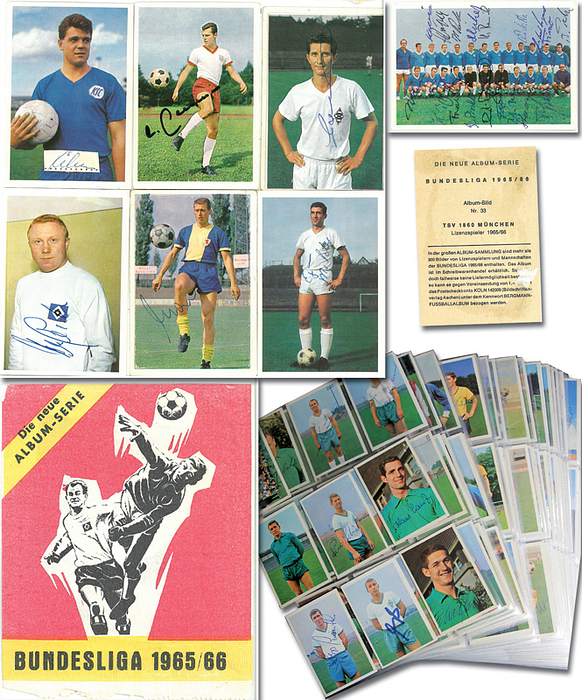 Sammelbilder-Bergmann 65  | 307 signierte Sammelbilder aus der Serie von Bergmann "Fußball Bildersammelband 1965/66. Bundesliga. Mannschaften und Spieler" je 9,5x6,5. Dabei eine original Kauftüte für diese Sammelbilder (noch verschlossen).