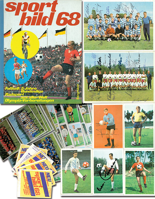 Sammelbilder-Bergmann 68  | 318 Einzelbilder (komplette Serie) aus der Bergmann Serie "Fußball: 5 Jahre Bundesliga, Radsport aus aller Welt, Olympia-Vorbereitung" Bergmann, Unna 1968.. Davon 287 Bilder teilweise mit mehreren original Unterschriften signiert! 18 Bundesliga Mannschaftskarten mit ca. 270 Signaturen, Karton je 15x10,5 cm. 196 Fußballbilder davon 190 signiert, 40 Leichtathletikdavon 34 siniert, 30 anders Sportarten (21 signiert) und 48x Radsport (davon 38 signiert), Karton je 9,5x6,5 cm. Insgesamt über 550 original Signaturen!!! Dabei Sammelbilder Album ungeklebt mit Zahlschein. Zustand: A- und 4 ungeöffnete Sammetüten "Sport Bild 68.