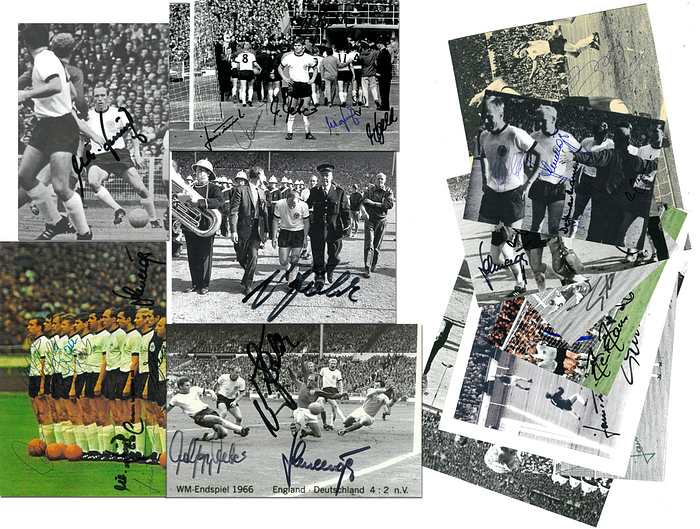  - 14 Autographed Items featuring action shots from the 1966 Football World Cup; approx. 37 original signatures of German players. Magazine photos and photographic reproductions, ranging from 30 x 20 cm to 15 x 10 cm. Condition: A