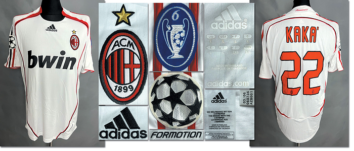  - Original match-worn shirt AC Milan, number 22. Worn by Kaká during the UEFA Champions League quarter-final against FC Bayern on April 11, 2007, in Munich. Status: AAA --Short-sleeve jersey; Size L; Embroidered club crest and adidas logo; Rubberized sponsor logo ("bwin"), back number, and player name; Flocked Champions League patch; Flocked "6 Winners" trophy patch; Formotion technology; 100% Polyester; Made in Thailand; Direct from the collection of Wolfgang "Atze" Gebhardt (1956–2021). Gebhardt was the physiotherapist whom the Bayern stars trusted for over 20 years. Condition: A