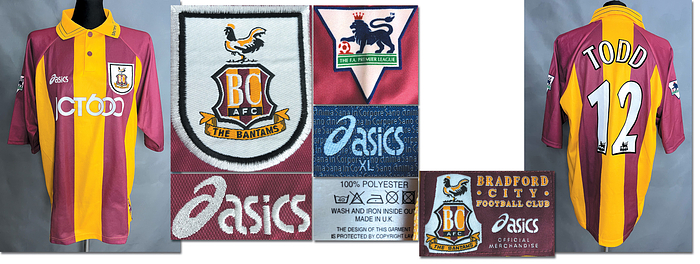 - Original match-worn Bradford City player shirt, number 12. Worn by Lee Todd in a league match during the 1999/2000 season. Status: ABB --Short-sleeve jersey; Size XL; Embroidered club crest and Asics manufacturer logo; "JCT 600" sponsor integrated into the fabric; Flocked back number and player name; Flocked Premier League patch; 100% Polyester; Made in the UK; —Directly from the collection of Wolfgang "Atze" Gebhardt (1956–2021). Gebhardt was the physiotherapist whom the Bayern stars trusted for over 20 years. Condition: A