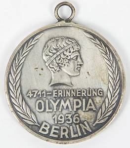 Medaille OSS1936  | Versilberte Eisenmedaille zur Erinnerung an die Olympischen Spiele mit Werbung für „4711“. 3,5 cm. - Bild 2