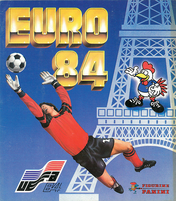  - UEFA EURO 1984. Panini sticker album: Panini collectors sticker album with 233 sticker (complete). 32 pages, 24x27 cm softcover. About the European championships 1984 in France. Complete series. (6LANGUAGES). Nice copy. Condition: C