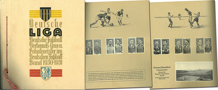  - Football German Sticker Album from Greiling 1931: Very rare collection of 793 b/w photcards (complete!!) with album. The photo cards show 64 German League Club Player's portraits and their Stadions. A unique collection about German League Football in the 30s! Size 25x28 cm, 124 pages. (GERMAN). Condition: C