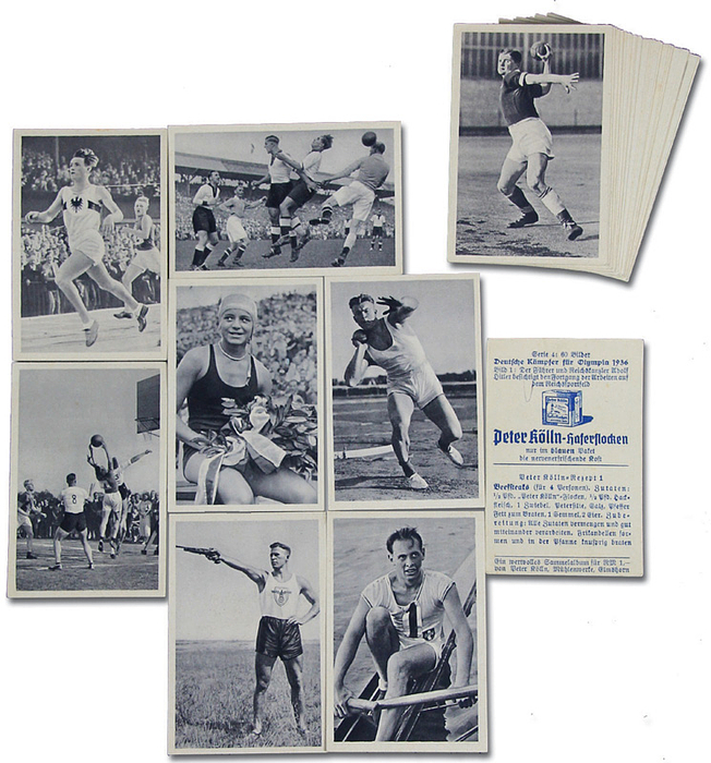  - Sticker Set "German Competitors for the 1936 Olympics," Nos. 1–60 (Complete Series). Peter Kölln-Haferflocken, Self-Published, Elmshorn, 1936. 8 x 5.3 cm each. --Unmounted! Very good condition! — Preview of the 1936 Berlin Olympic Games. Condition: A-