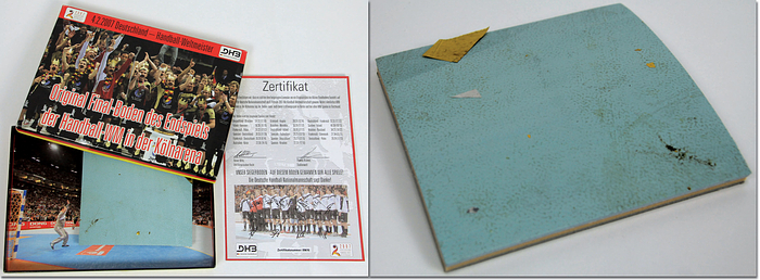 Handball - Final-Boden WM2007  | Original Final-Boden des Endspieles der Handball - Weltmeisterschaft in der Kölnarena vom 4.2.2007 Deutschland Handball - Weltmeister. 12x12 cm großes Stück mit Spielspuren und Konfetti von der Siegesfeier bei der Siegerehrung am 4.2.. In original Box mitt Zertifikat (No. 09616), 22x16x1,5 cm.
