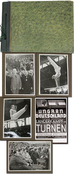  - Photo album with 48 press photos (Grams & Schulz) from the "international gymnastics competition Hungary - Germany, Stadhalle Stuttgart on March 30, 1941. 18x13 cm each --24 album sheets. Cardboard 32x23 cm --This photographic documentation captures the competitions of this event, as well as the accompanying supporting program. Likely a unique item. Condition: C