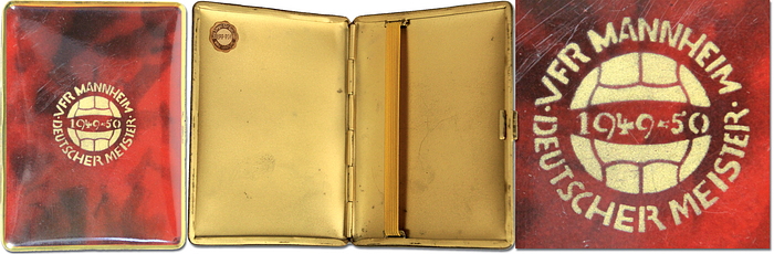 Sorry, no english description is available. ... Cigarettbox 1935 with football motiv VfR Mannheim -  Condition: A-.....leicht angelaufen; geringe Lagerspuren.