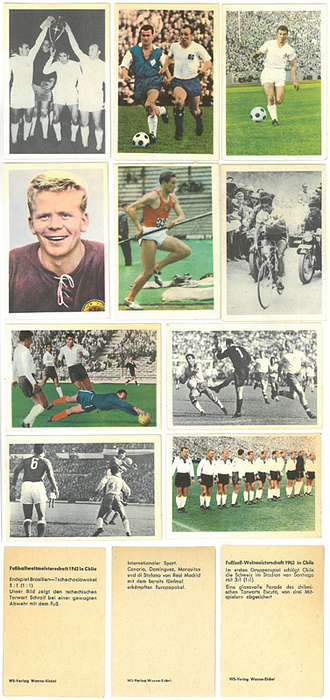 Sammelbilder-WS-Verlag 62  | 182 verschiedene Einzelbilder der Firma WS-Verlag Serie: 127x Deutsche Fußballmeisterschaft + Oberliga 1961/1962 ( 49x) und  Internationaler Fußball Fußball 1962 (14x), Weltmeisterschaft 1962  (64x). 31x Radsport, 24 sonstiger SportJe Karton 6,5x9 cm,.