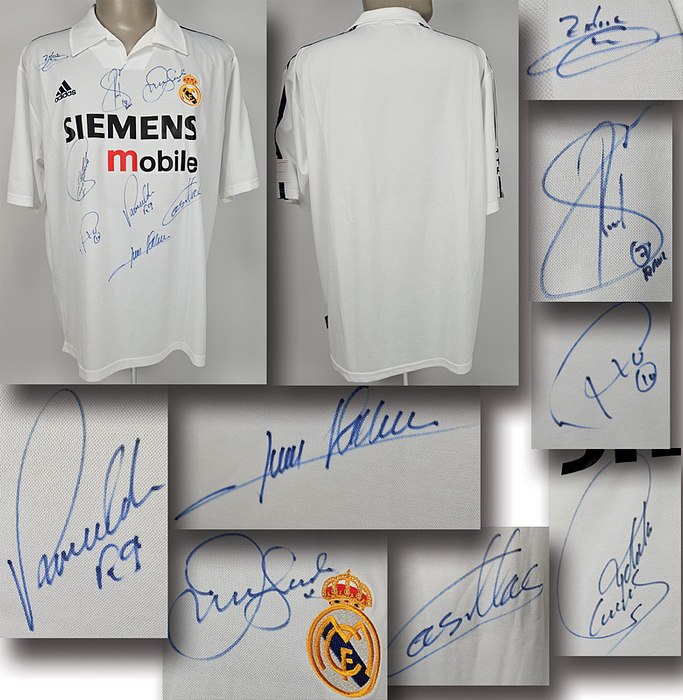 Madrid, Real - 2002  | Original Adidas Chamions League Fanshirt Real Madrid 2002 - 2003 mit 8 original Signaturen der damalign Superstars von Real: Zidane, Beckham, Ronaldo, Figo, Casillas, Roberto Carlos, Helguera und Raul. Größe XL
