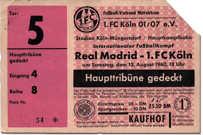 4Eintrittskarte 1960  | Freundschaftsspiel 1.FC Köln - Real Madrid am 13.8.1960 in Köln (5:4). Stehplatz Schüler. 15x10 cm.