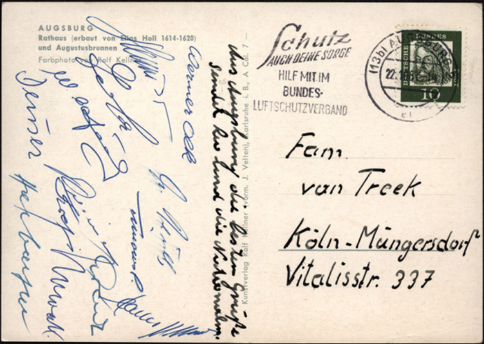 Sorry, no english description is available. ...  -  Condition: B.....U.a. mit Sepp Herberger, Olk, Tilkowski, Seeler, Erhardt, Nowak, Kreß , Haller, Herrmann u.a. Wilden hat mit "Leo" unterschrieben. ---Das Stück kommt direkt aus dem Nachlass von Leo Wilden (1936-2022). Urgestein des 1.FC Köln (1959-63 119 Oberligaspiele, 1963-66 63 Bundesligaspiele). Deutscher Meister 1962 + 1964, Vizemeister 1960 + 1963, 4x Westdeutscher Meister. 15 DFB A-Länderspiele. Teilnehmer Fußball - Weltmeisterschaft 1962. Das Stücke wird mit einem Echtheitszertifikat ( COA) geliefert!