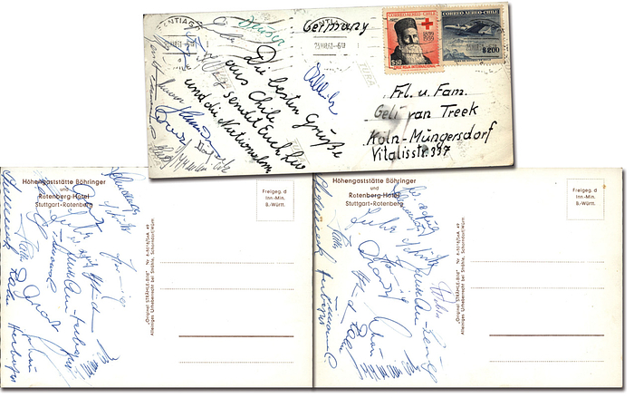 Sorry, no english description is available. ...  -  Condition: A-C.....Eine Postkarte wurde von Leo Wilden aus Chile von der Fußball - Wetmeisterschaft 1962 abgeschickt. Wilden gehörte zum Aufgebot, kam jedoch zu keinem Spiel. Signaturen u.a. von Herberger, Rahm Stollenwerck, Schütz, Erhardt, Hornig, Seeler, Schnellinger, Schön, Szymanik, Haller, Dörfel u.a. ---Das Stück kommt direkt aus dem Nachlass von Leo Wilden (1936-2022). Urgestein des 1.FC Köln (1959-63 119 Oberligaspiele, 1963-66 63 Bundesligaspiele). Deutscher Meister 1962 + 1964, Vizemeister 1960 + 1963, 4x Westdeutscher Meister. 15 DFB A-Länderspiele. Teilnehmer Fußball - Weltmeisterschaft 1962. Das Stücke wird mit einem Echtheitszertifikat ( COA) geliefert!