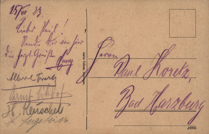 Eikhof / Müller Henry  | (1896-1948) Postkarte mit original Signatur von Ernst Eikhof (3 DFB A-Länderspiele 1923; Viktoria Hamburg) mit Bleistift auf der Rückseite einer Karte die vom deutchen Nationalspieler Henry Müller (1896-1982; 9 DFB Fußball A-Länderspiele, Viktoria Hamburg) am 15.7.1923 geschrieben hat. Müller hat mit "Henry" unterschrieben. 14,5x9 cm.