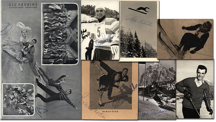 Olympia 1952 + 1956  | 7 original Signaturen von Olympischen Medaillengewinner bei den Winterspielen 1952 + 1956 und einem Weltmeister. 4 Autogrammkarten, 3 Magazinfotos, 27x19 bis 13x9 cm.