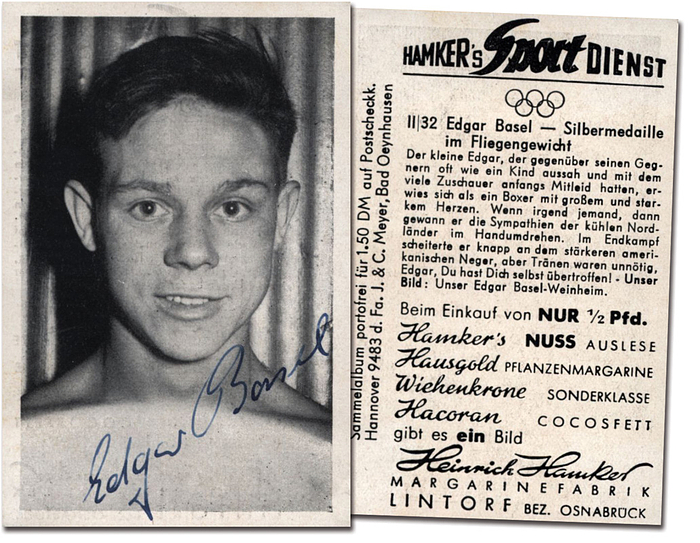 Basel, Edgar  | (1934-1977) s/w-Sammelbild (Hamker´s Sport Dienst) mit Originalsignatur von Edgar Basel (GER), Silbermedaillengewinner Olympia 1952 im Boxen (Fliegengewicht). 9x6,5 cm.