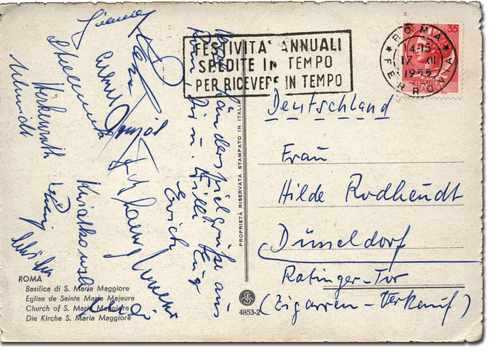 Nationalmannschaft 1955  | Postgelaufene Postkarte aus Rom vom Länderspiel gegen Italien (1:2). Mit 13 Original-Signaturen der Nationalmannschaft 1955.10x14,5 cm.