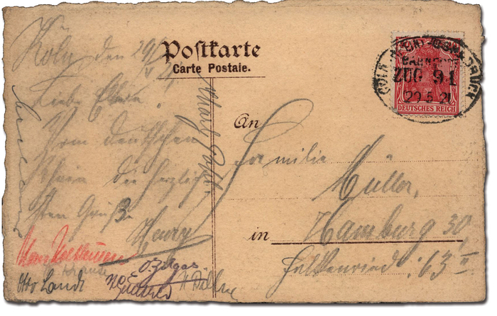 Hamburg, Victoria - 1921  | Postkarte gechrieben von Henry Müller 29.5.1921 aus Köln von einem Spiel von Viktoria Hamburg mit 8 original Signaturen der Spieler der Viktoria mit Bleistift auf der Rückseite der Karte. Nationalspieler Henry Müller (1896-1982; 9 DFB Fußball A-Länderspiele, Viktoria Hamburg) hat sie an seine Eltern geschrieben. Müller hat mit "Henry" unterschrieben. 14,5x9 cm.
