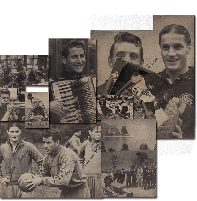 Weltmeister 1954  | 23 Zeitungsbilder von der Fußball - Weltmeisterschaft 1954 mit ca. 40 original Signaturen der deutschen Spieler: Kohlmeyer, Pfaff, 3x Turek, Mebus, 2x Rahn, Herrmann, 2x Laband, Posipal, 4x Herberger, Liebrich, Deuser. 19x20 cm bis 6,5x4 cm.