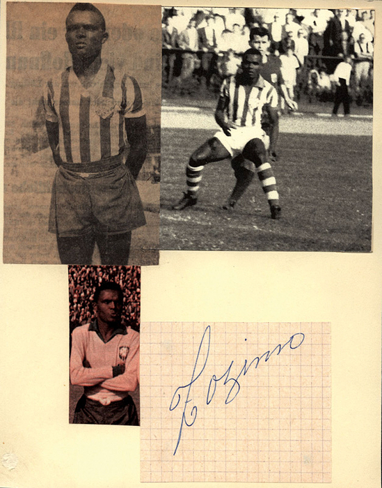  - World Cup 1958 + 1962 Brasil: (1932–1977) Blank slip (7 x 6 cm) with original signature of Zozimo. Football World Champion with Brazil in 1958 and 1962. AC Bangu Rio de Janeiro. Mounted together with three magazine photos on an index card, 18 x 14.5 cm. Condition: A-B