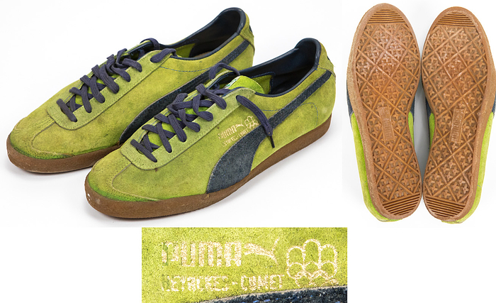 Bremen, Werder - Fußballschuhe  | Original Fußballschuhe für Hartplätze von Puma getragen von Werner Weist im Trainig für Werder Bremen von 1976. "Puma Heynckes Comet" Größe 8. Wildlederschaft, Kunststoffsohle. Mit dem Logo der Olympischen Sommerspiele Montreal 1976. Status:ACA.