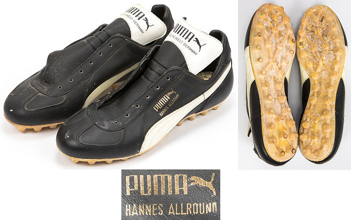  - Original Puma football boots worn by Werner Weist in the Bundesliga or during training for Werder Bremen from 1971-1977. "Puma Hannes Allround" size 8. Leather upper, synthetic sole. Status: ACA--The plastic sole shows slight deterioration of the material due to age. --The football boots come directly from the collection of Werner Weist (1949-2019) - Borussia Dortmund 1968-1971 (72/34), Werder Bremen 1971-1977 (145/33), Stuttgarter Kickers (1977-1978; 10/1); 3x DFB U-23 1970 + 1971). The buyer receives a certificate of authenticity and confirmation from the Weist family regarding the provenance of the items. Condition: B-C