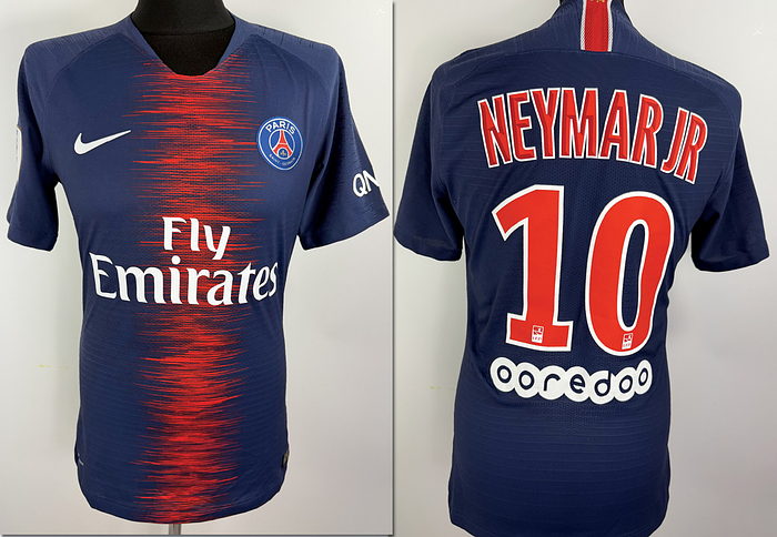  - Original match-issued Paris Saint-Germain player shirt, featuring the number 10 of Neymar Jr. Worn during a league match in the 2018–2019 season. Status: ABC. Short-sleeve shirt; Size M; Club crest and manufacturer logo applied; Sponsor, player name, and number applied in rubberized print; Ligue 1 patch applied in flock print; 100% Polyester; Made in Thailand. Condition: A