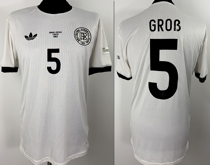  - Original match-worn DFB player shirt with the number 5. Worn by Pascal Groß in the Nations League semi-final against Portugal on June 4, 2025, in Munich. The shirt comes from the collection of a former DFB employee. Status: AAB. Short-sleeved jersey; size L; DFB logo, Adidas logo embroidered, player number and name and match details rubberized, Nations League patch flocked; Foundation patch flocked; 100% polyester; Made in Vietnam. Condition: A-