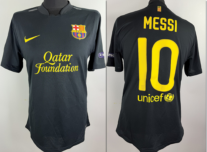  - Original match issue FC Barcelona player shirt with the number 10. Prepared for a Champions League match for Lionel Messi, 2011/2012 season. Status ABC short-sleeved shirt; size L, club emblem and manufacturer's logo applied; chest sponsor, player name and player number rubberized; Champions League logo and Respect logo flocked; 100% polyester; Made in Bangladesh; Condition: A