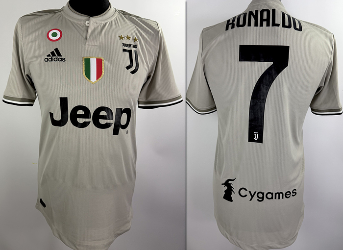  - Original match-worn Juventus Turin player jersey, number 7. Worn by Cristiano Ronaldo in a Serie A match during the 2019–2020 season. Status: ABC. Short-sleeve jersey; Size 7; Club crest and manufacturer logo applied in rubberized material; Sponsor, player name, and number applied in rubberized material; Serie A patch applied in rubberized material; 100% Polyester; Made in Vietnam. Condition: A