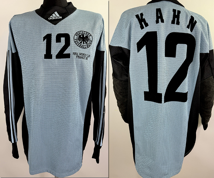  - Original match-issued DFB player shirt, number 12, belonging to Oliver Kahn. Prepared for a match during the 1998 World Cup in France. The jersey originates from the collection of a former DFB staff member. Status: ABB. Long-sleeve shirt; Size XL; DFB logo embroidered; Adidas logo embroidered; Player number and name applied via wet-flock transfer; Match details embroidered; Adidas; 100% Made in Portugal; Condition: A. Condition: A