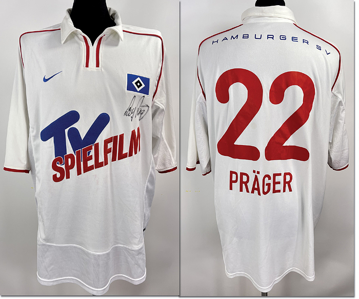 Hamburger SV- Trikot 2001  | Original match worn Hamburger SV Spielertrikot mit der Nummer 22 von Roy Präger.Getragen in einem Test-Spiel in der Saison 2000/2001.Trikot stammt aus der Sammlung eines ehemaligen Bundesliga-Profis. Trikot ist signiert. Status:ABA
