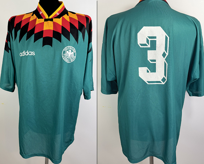 match worn football shirt germany 1994 - Original match-worn DFB (German Football Association) player shirt with the number 3, worn by Christian Ziege. Worn in the international match against Georgia on September 6, 1995, in Nuremberg. The shirt comes from the collection of a former DFB employee. Condition AAB (Available at the time of purchase). Short-sleeved jersey; size L; DFB logo embroidered by hand; Adidas logo in foam; felt match detail; player number applied using the wet flocking process; Adidas Equipment; 72% polyester, 28% triacetate; Made in Portugal; Condition: a