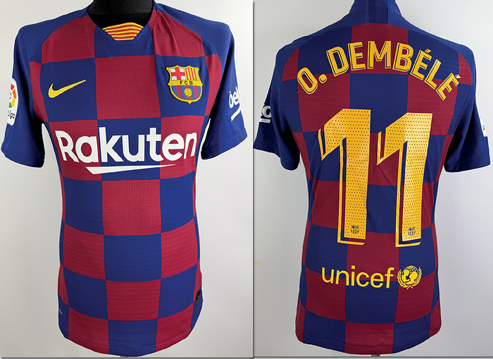 match issue football shirt fc barcelona - Original match issue FC Barcelona player shirt with the number 11. Prepared for a LaLiga match for Osmane Dembele in the 2019/2020 season. Status ABC short-sleeved shirt; size M, club crest and manufacturer's logo applied; chest sponsor, player name and number rubberized; LaLiga patch and sleeve sponsor rubberized; 100% polyester; Made in Thailand; Condition: A