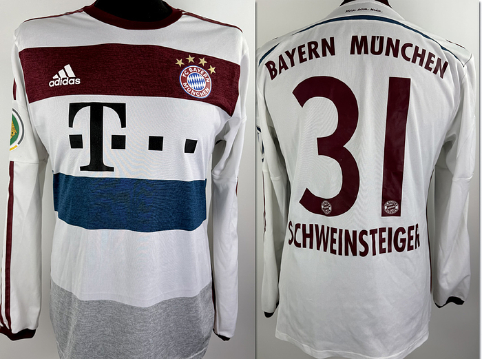  - Original match-worn FC Bayern player shirt, number 31, belonging to Bastian Schweinsteiger. Prepared for the DFB-Pokal match against Leverkusen on April 8, 2015. Status: AAB. Long-sleeved shirt; Size 8; Club crest and Adidas manufacturer logo applied; Sponsor 'T...', club name, player number, and player name applied in rubberized print; Back number stands 25 cm high; DFB-Pokal patch and VW patch applied; 100% Polyester; Made in Thailand; The jersey comes from an employee of Bayern Munich. Condition: A