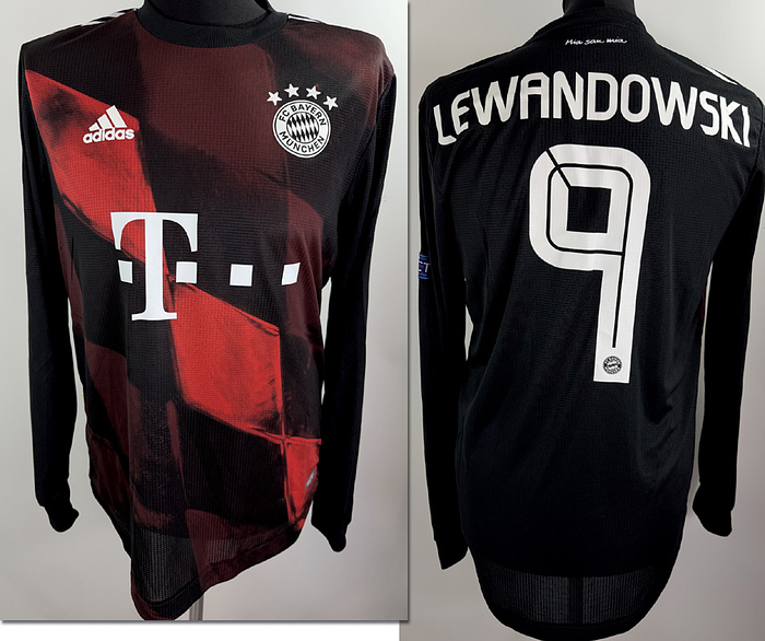  - Original match-issued FC Bayern player shirt, number 9, belonging to Robert Lewandowski. Worn during a Champions League match in the 2021/2022 season. Status: ABB. Long-sleeve shirt; Size 7; Club crest and Adidas manufacturer logo applied; Sponsor 'T...', club name, player number, and player name applied in rubberized print; Back number height: 25 cm; Champions League and "Respect" patches applied in flock print; 100% Polyester; Made in Cambodia.  The jersey comes from an employee of Bayern Munich. Condition: A