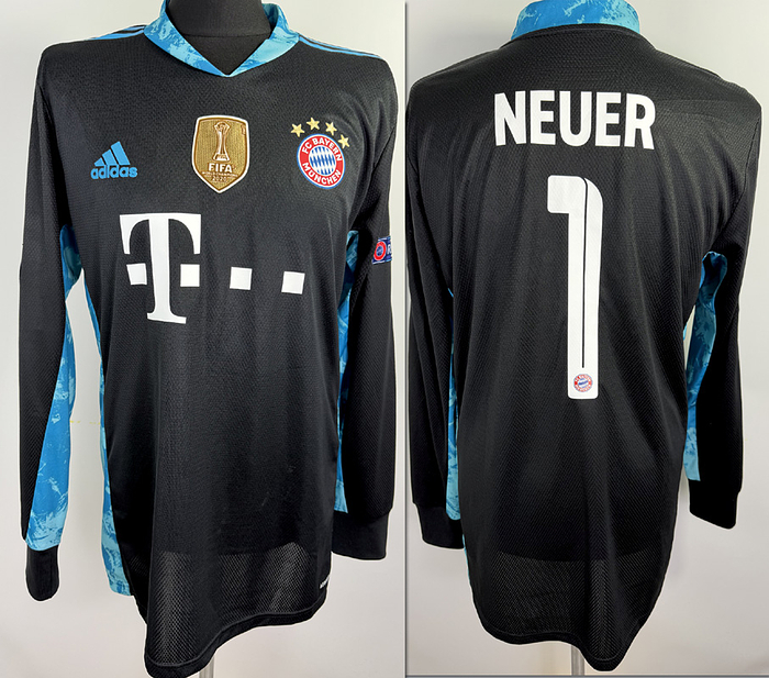 match worn football shirt FC Bayern 2021 - Original match-issued FC Bayern player shirt, No. 1, belonging to Manuel Neuer. Prepared for the UEFA Champions League 2020–2021 Quarter-final match between Bayern Munich and Paris Saint-Germain (PSG) on April 7, 2021. Status: AAB. Long-sleeve shirt; Size L; Club crest and Adidas manufacturer logo applied; FIFA Club World Cup winner's patch flocked; Sponsor logo "T...", club name, player number, and player name applied in rubberized print; Back number height: 25 cm; Champions League patch and "Respect" patch flocked; 100% Polyester; Made in Cambodia.  The jersey comes from an employee of Bayern Munich. Condition: A