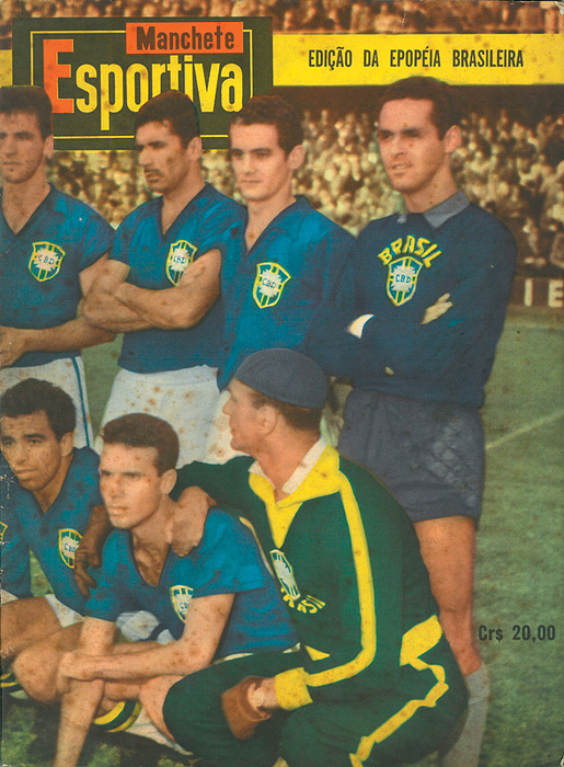  - FIFA World Cup 1958 Brasilian report: Special edition by Manchete Esportiva with full history of World Cup 1958 an Brasils way to Championship, large size magazine, 70 pages, about 90 rare b/w-photographs, text in PORTUGUESE. Condition: C