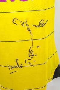 Original match worn Spielertrikot von Borussia Dortmund mit der Rückennummer 17. Getragen von Pierre-Emerick Aubameyang in der Fußball-Bundesliga-Saison 2015/2016. Mit Original Autograph von Aubameyang und einigen anderen Spielern auf der Vorderseite. Status:ABC. - Bild 6